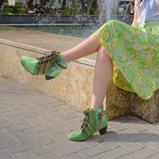 Step Boldly in Style: Discover the TMA EYES & MAiA Polka Dot Leather Women's Boots with Moccasin Hand Stitching