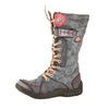 TMA EYES PU and Leather Patchwork with Handstitching Upper Lace-Up Faux Fur Lining Mid-calf Women's Boots