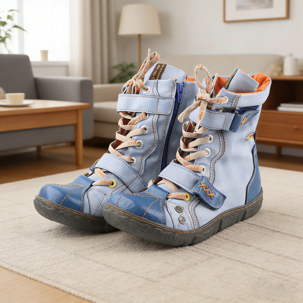 Step into Playful Comfort: The Light Blue Patchwork Boots That Steal t ...