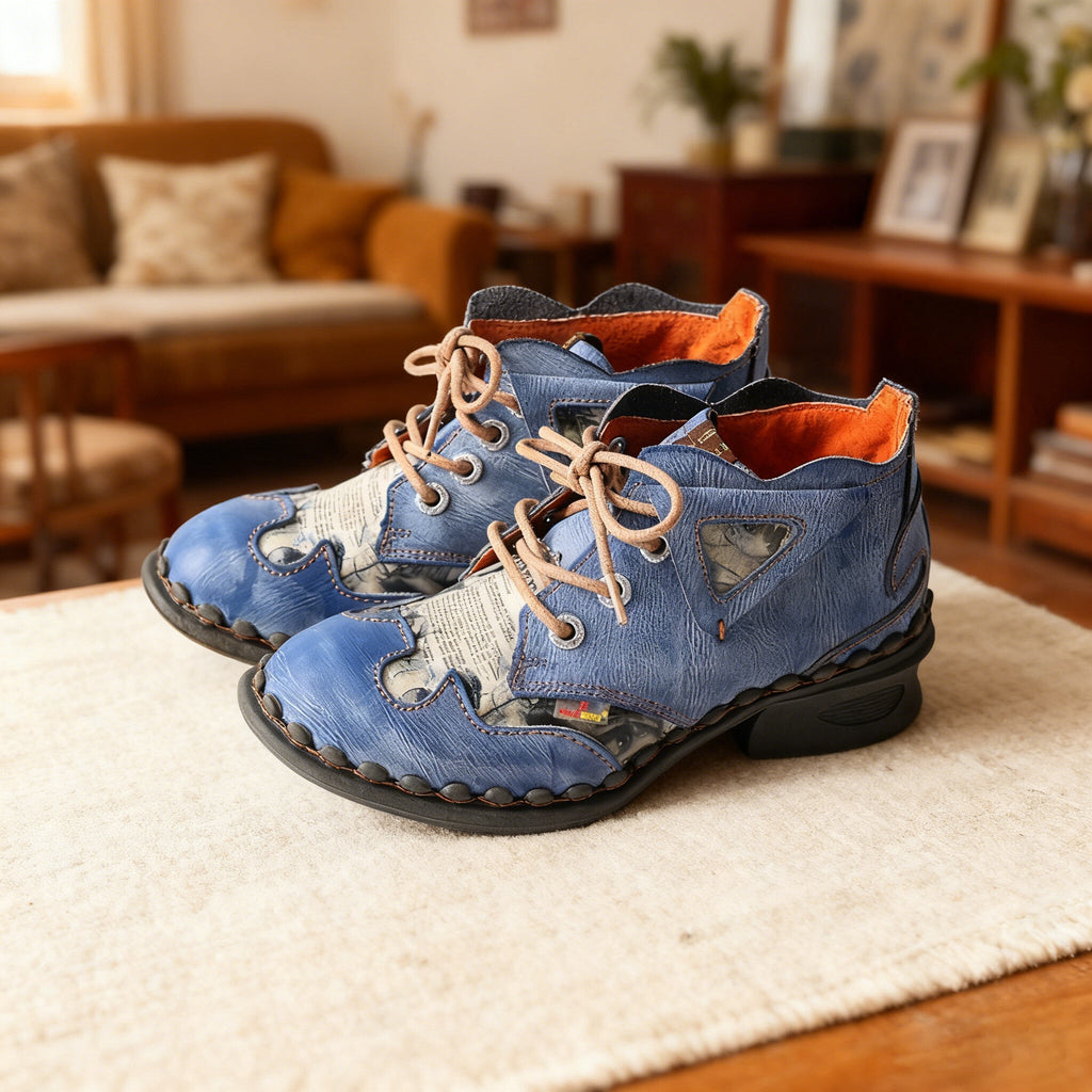 Vintage Newspaper + Distressed Blue Leather? This Patchwork Boot Wears Art on Your Feet✨