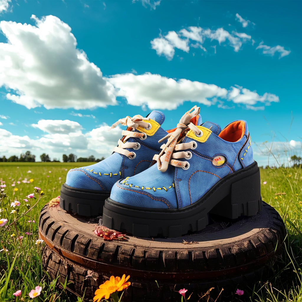 Retro Casual New Trend: TMA EYES Blue PU Leather Thick Soled Lace-up Women's Shoes