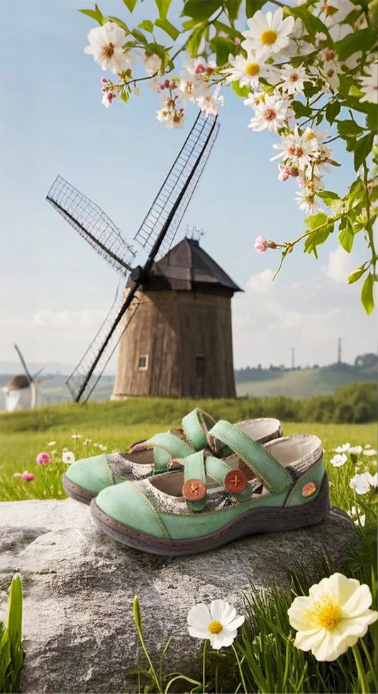 Step Into Spring with TMA EYES Button Criss-Cross Strap Leather Flat Shoes