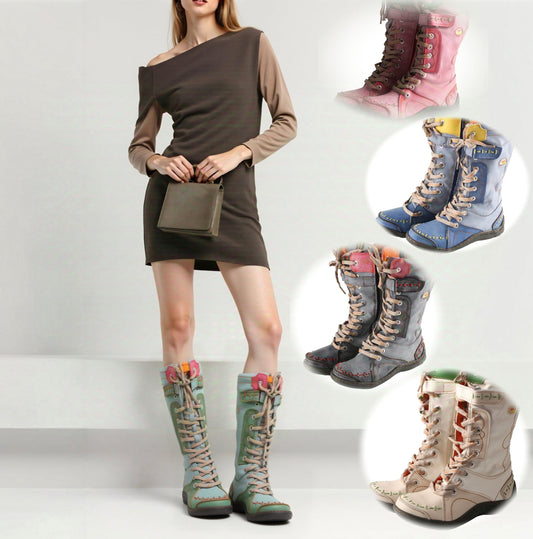 Step into Style and Craftsmanship with TMA EYES PU & Leather Patchwork Mid-Calf Boots