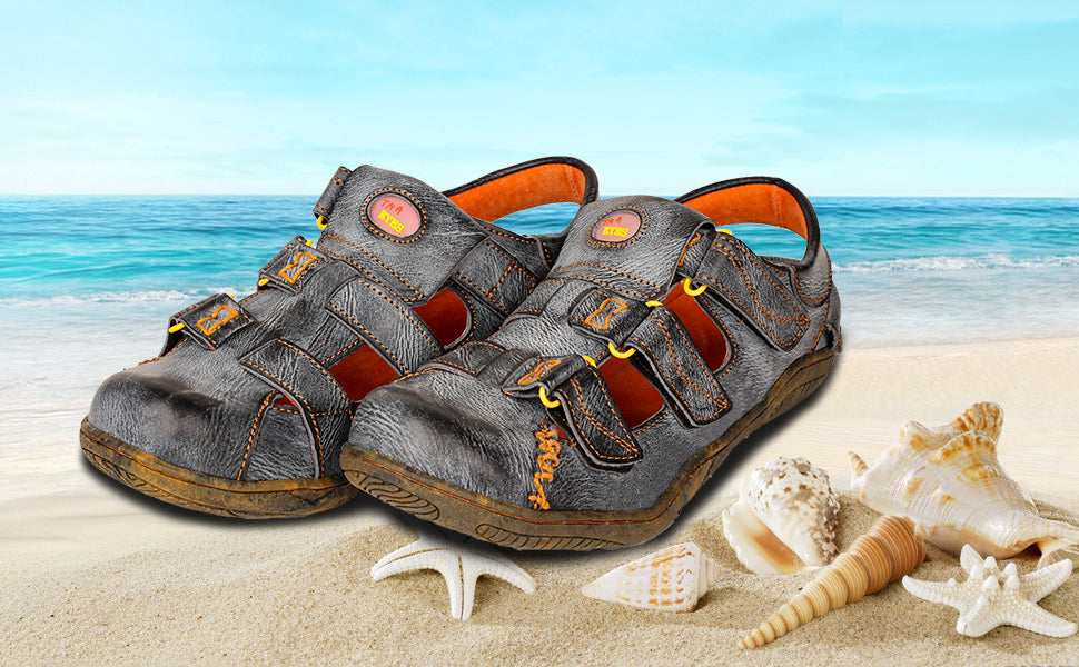 TMA EYES Women's Hook and Loop Closed-Toe Leather Sandals - Stylish, Comfortable and Eco-Friendly