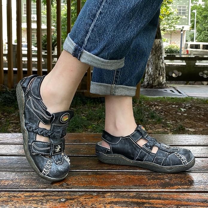 TMA EYES Women's Braided Closed-Toe Leather Sandal