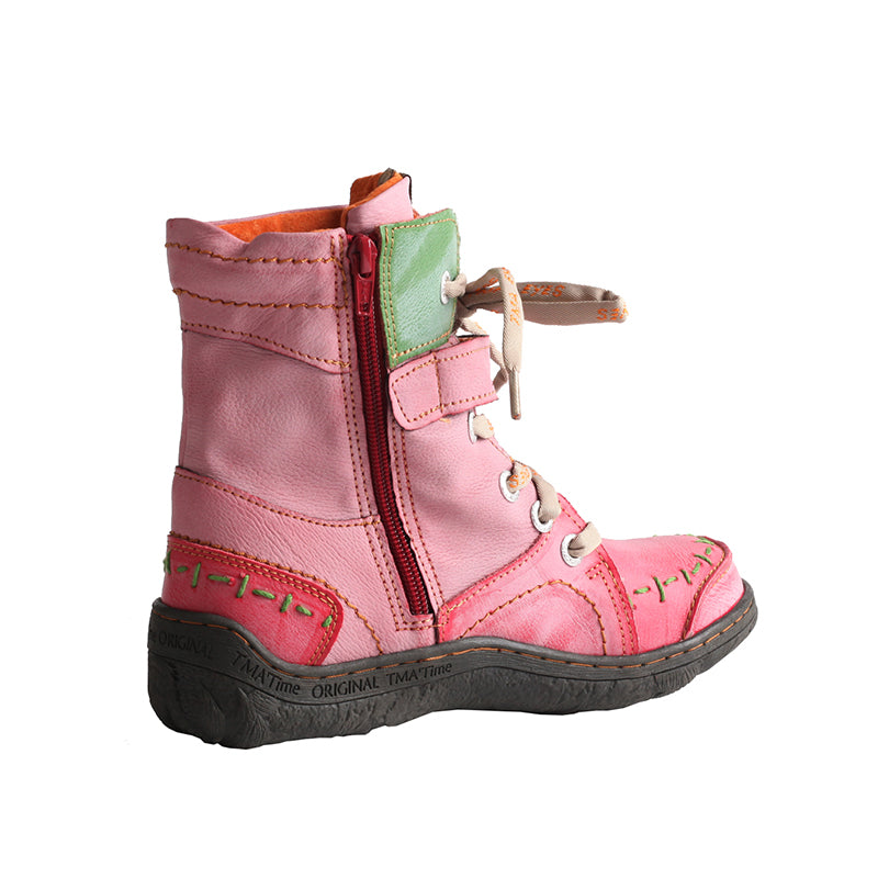 TMA EYES Women's Ankle Boots PU and Leather Patchwork with Handstitching Upper Lace-Up Mid-calf Boots