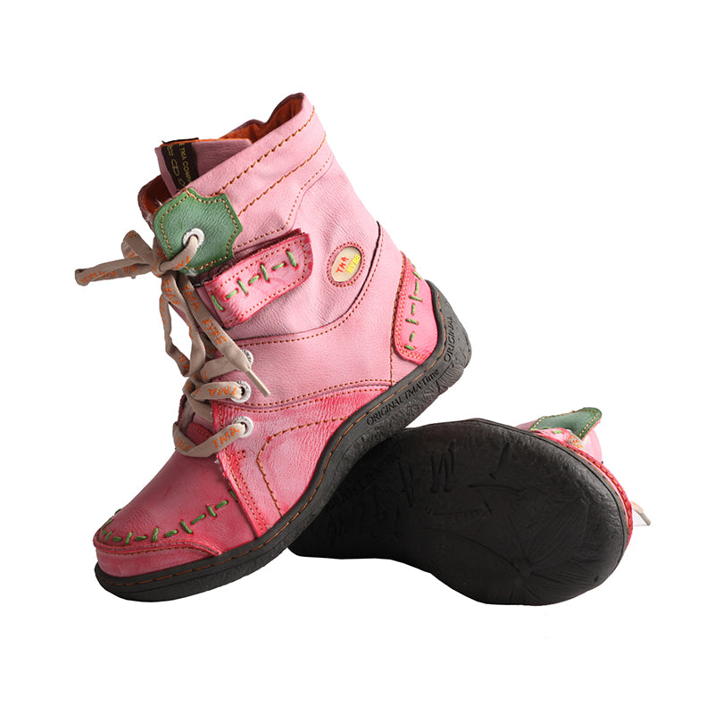 TMA EYES Women's Ankle Boots PU and Leather Patchwork with Handstitching Upper Lace-Up Mid-calf Boots