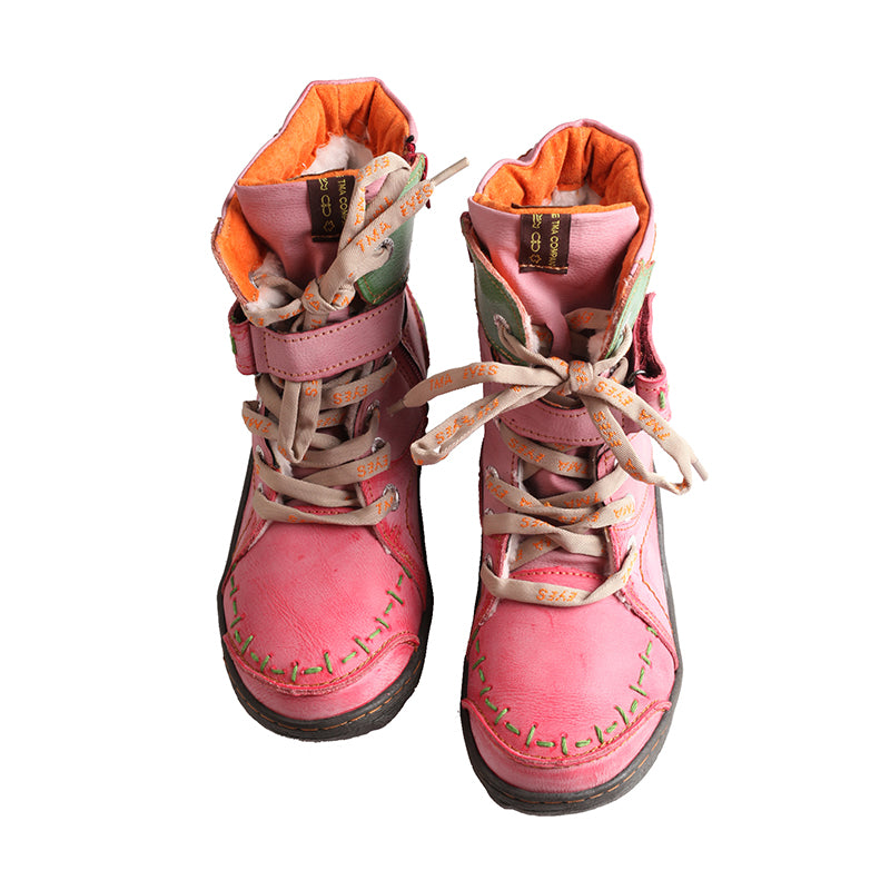 TMA EYES Women's Ankle Boots PU and Leather Patchwork with Handstitching Upper Lace-Up Mid-calf Boots