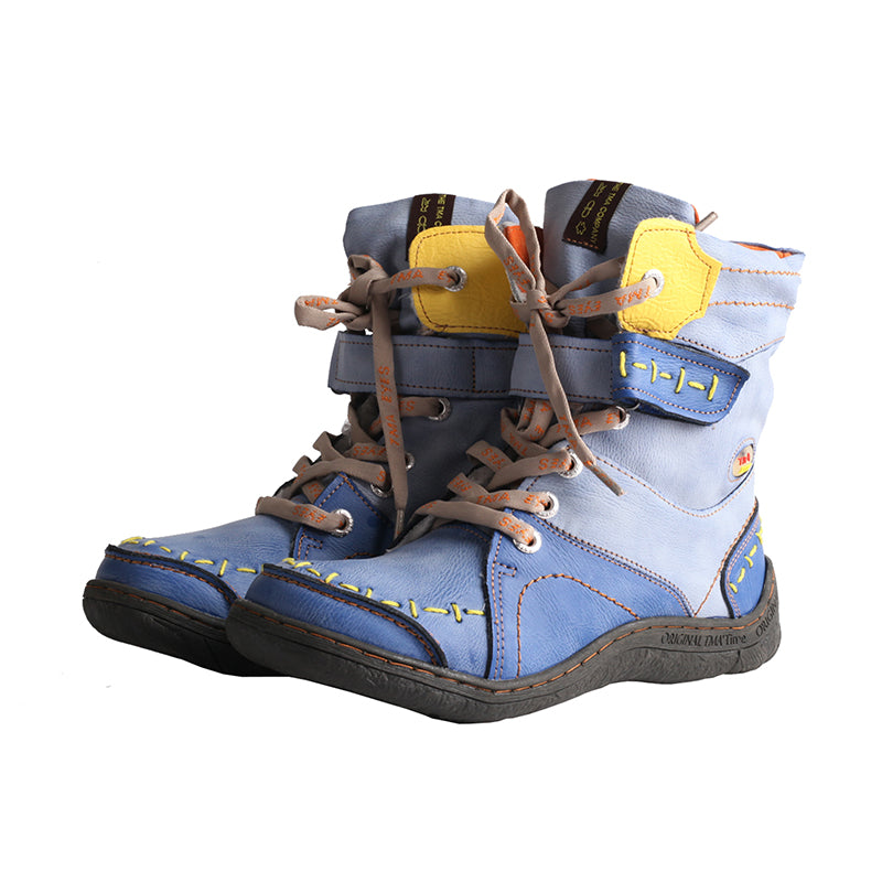 TMA EYES Women's Ankle Boots PU and Leather Patchwork with Handstitching Upper Lace-Up Mid-calf Boots