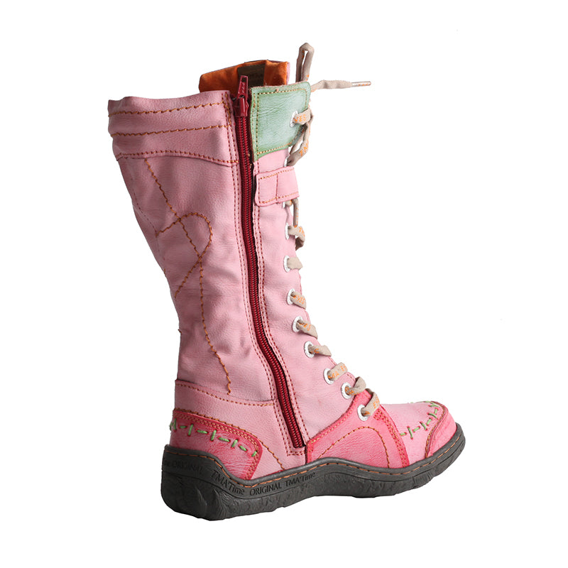 TMA EYES PU and Leather Patchwork with Handstitching Upper Lace-Up Faux Fur Lining Mid-calf Women's Boots