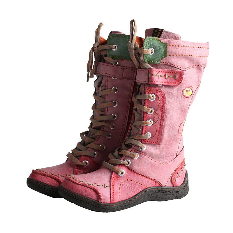 TMA EYES PU and Leather Patchwork with Handstitching Upper Lace-Up Faux Fur Lining Mid-calf Women's Boots