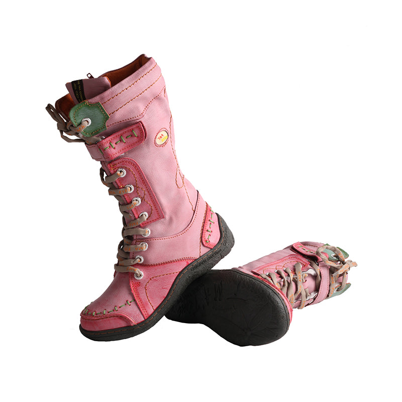 TMA EYES PU and Leather Patchwork with Handstitching Upper Lace-Up Faux Fur Lining Mid-calf Women's Boots