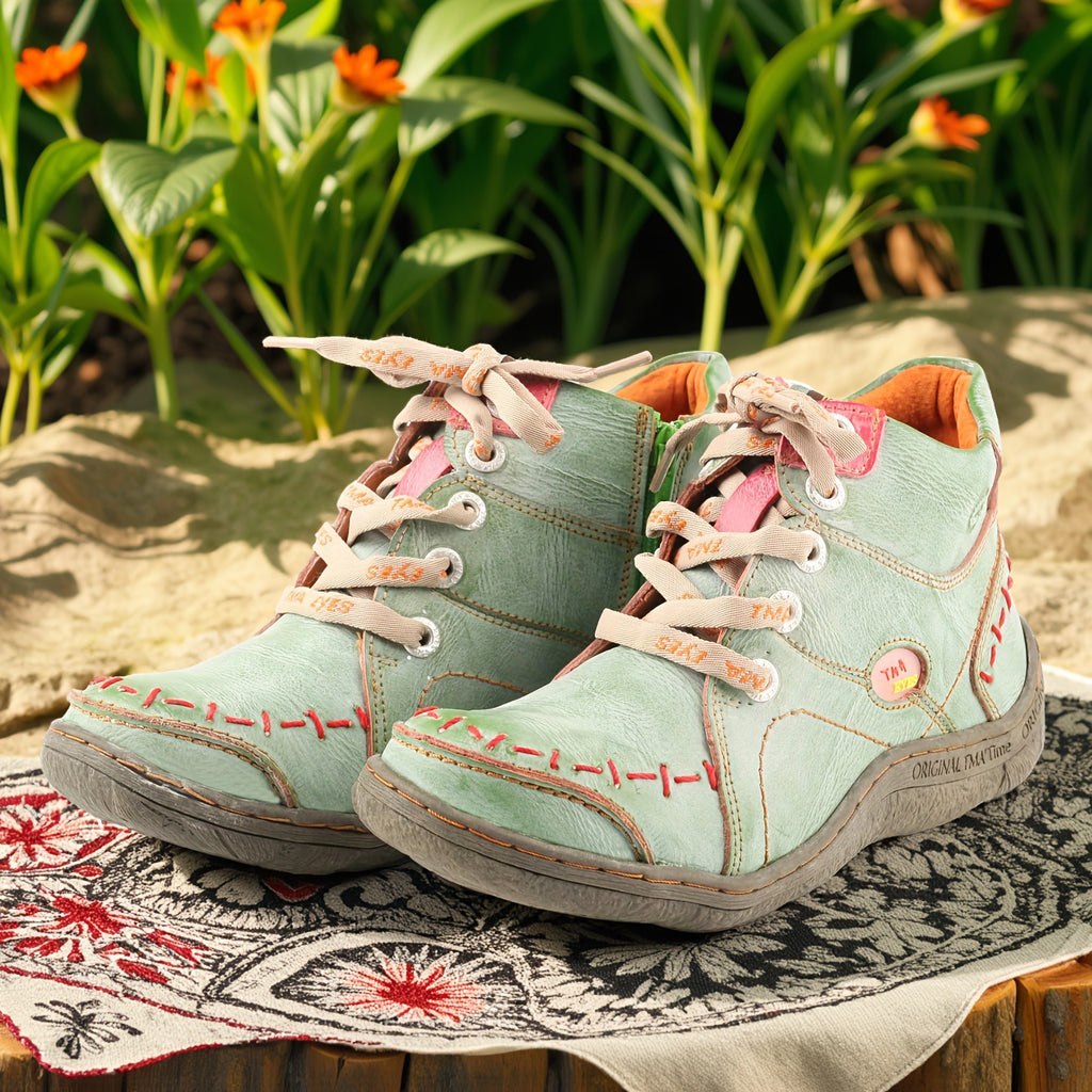 TMA EYES Women Stitching Shoes Leather Lace-up Low Heel Handwork Casual Boots