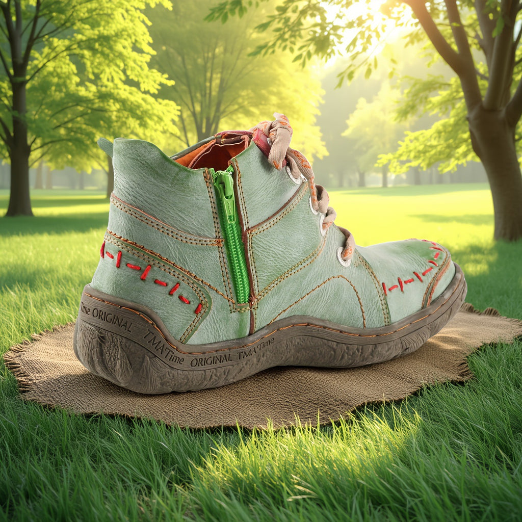 TMA EYES Women Stitching Shoes Leather Lace-up Low Heel Handwork Casual Boots