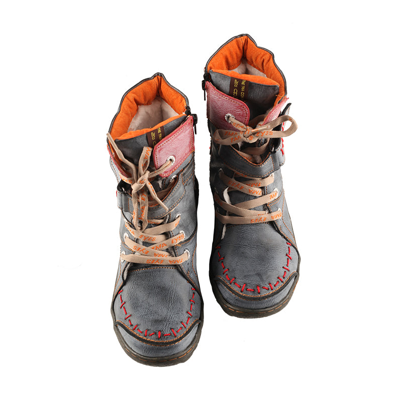 TMA EYES Women's Ankle Booties - Lace Up Combat Boots With Geometric Pattern & Leather Stitching