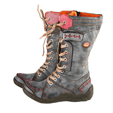 TMA EYES Women's Abstract Studded Leather Boots With Lace-up & Zipper - 2.4 Inch Heel