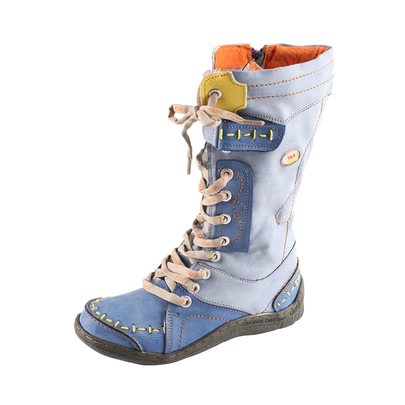 TMA EYES PU and Leather Patchwork with Handstitching Upper Lace-Up Faux Fur Lining Mid-calf Women's Boots
