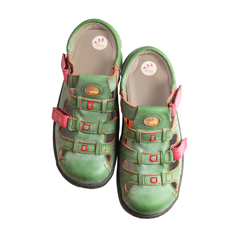 TMA EYES Women's Velcro Adjustable Round Toe Closed-Toe Leather Sandals