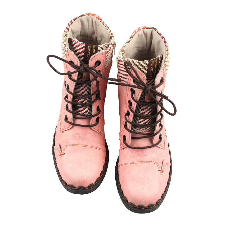 TMA EYES Women's Genuine Leather Hand-stitched Stitching Woven Top Style Zipper Lace-up Martin Boots