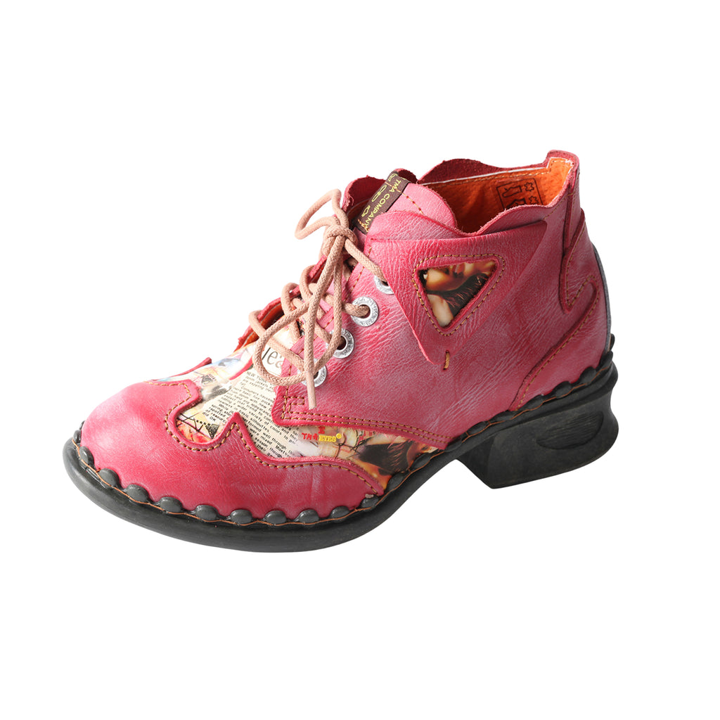 TMA EYES Leather Women's Ankle Boots Shoes for Outdoor,Medium heel, Floral Newspaper Printed Leather Materia