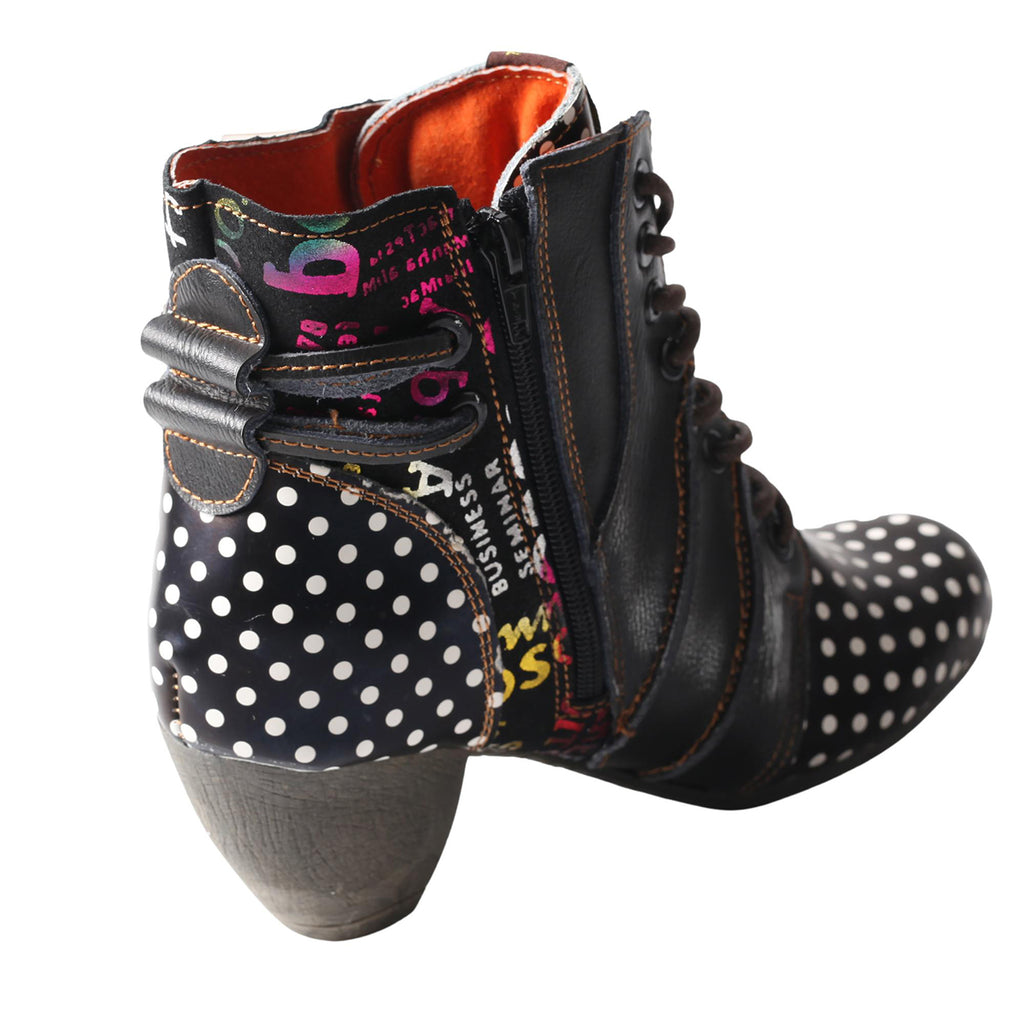 TMA EYES Women's Polka Dot Leather Boots - Moccasin Hand Stitching, 5 Cm Heel, Side Zipper & Lace-Up