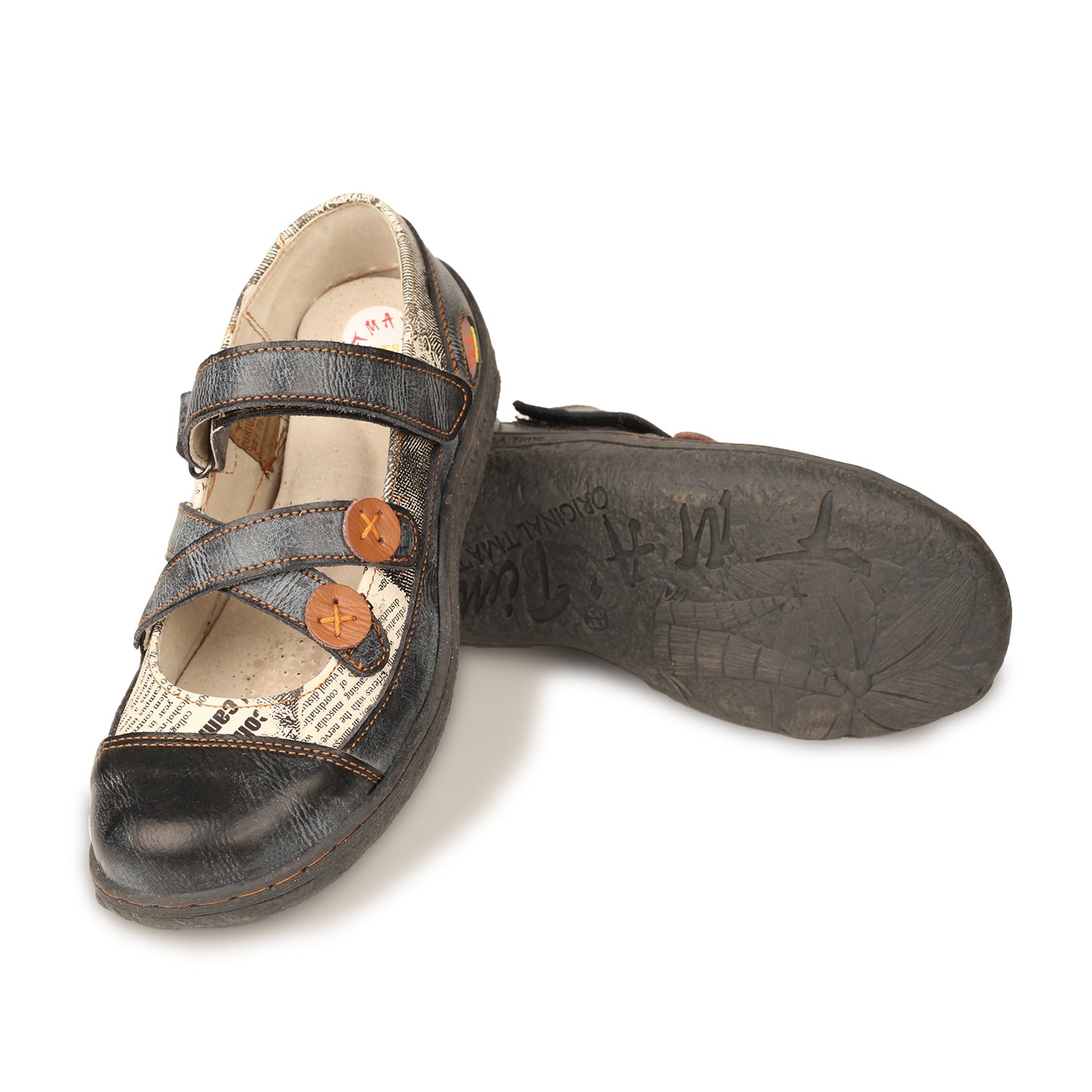 TMA EYES Button Criss Cross Strap Leather Women Flat Shoes