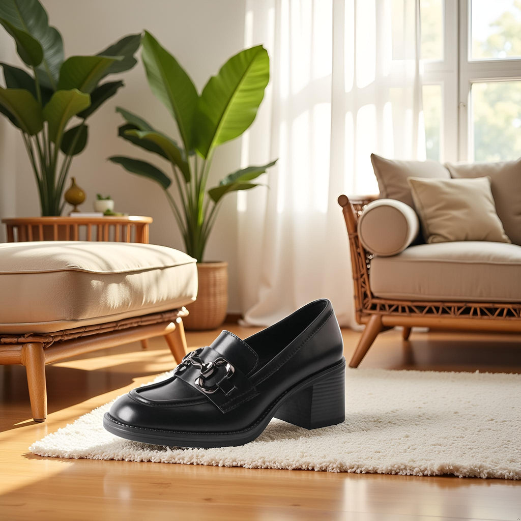 TMA EYES Women's Chunky Heel Loafer Fashion Round Toe Simple and Versatile Slip-On Leather Shoes