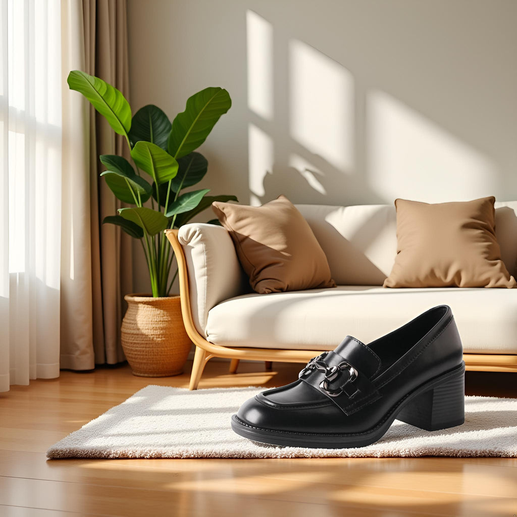 TMA EYES Women's Chunky Heel Loafer Fashion Round Toe Simple and Versatile Slip-On Leather Shoes