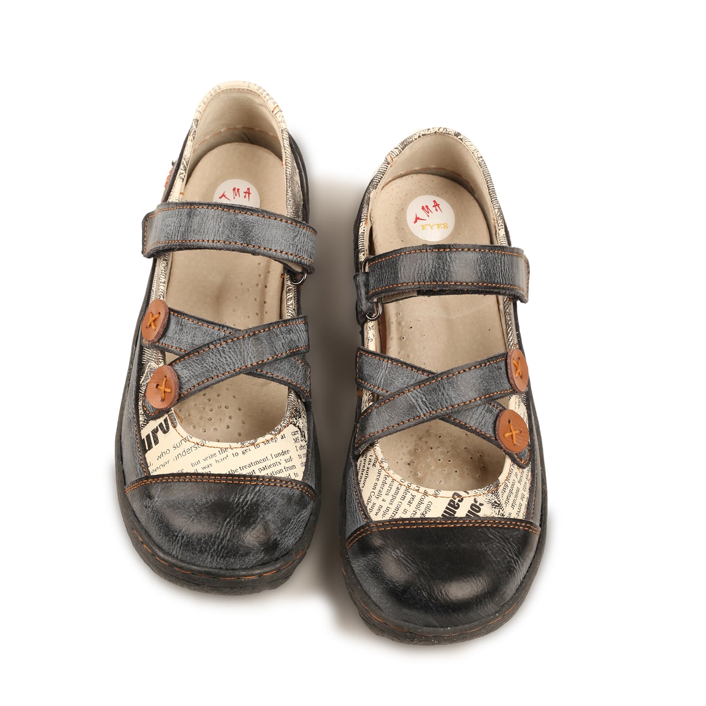 TMA EYES Button Criss Cross Strap Leather Women Flat Shoes