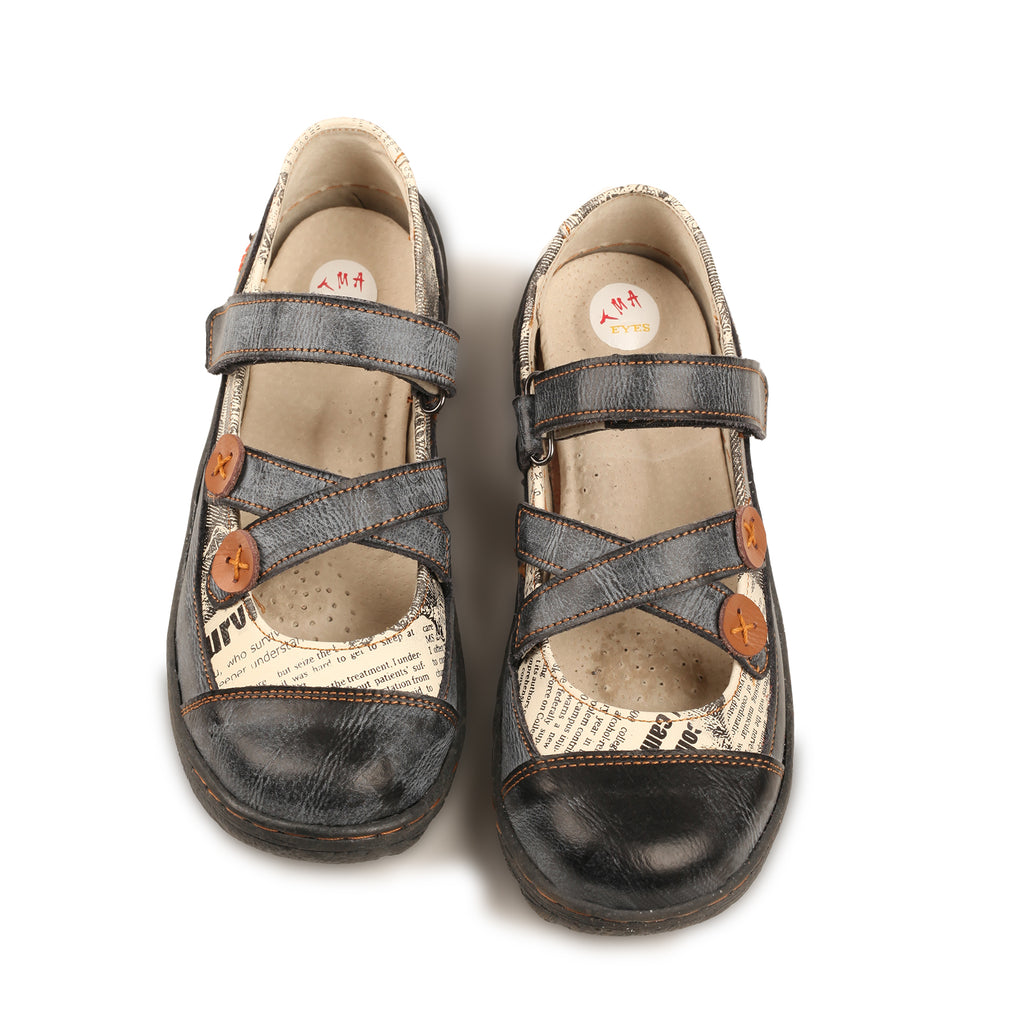 TMA EYES Button Criss Cross Strap Leather Women Flat Shoes