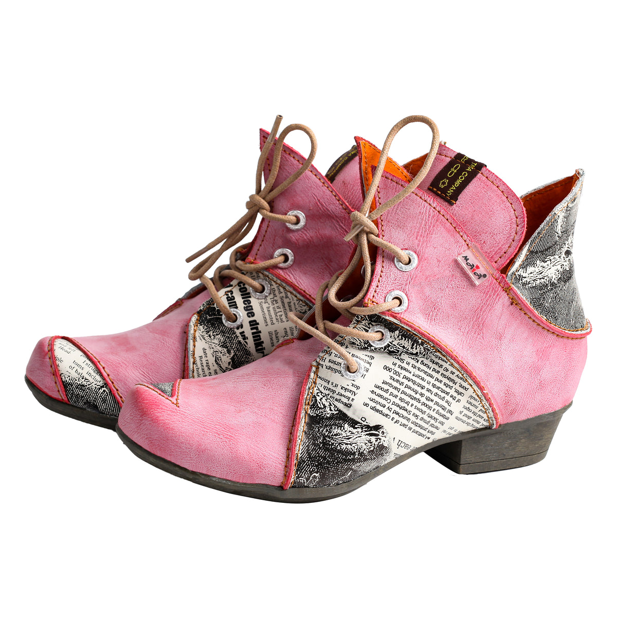 TMA EYES Women's Ankle Boots - Floral Newspaper Print Leather, Medium Heel, Comfortable Retro Boots