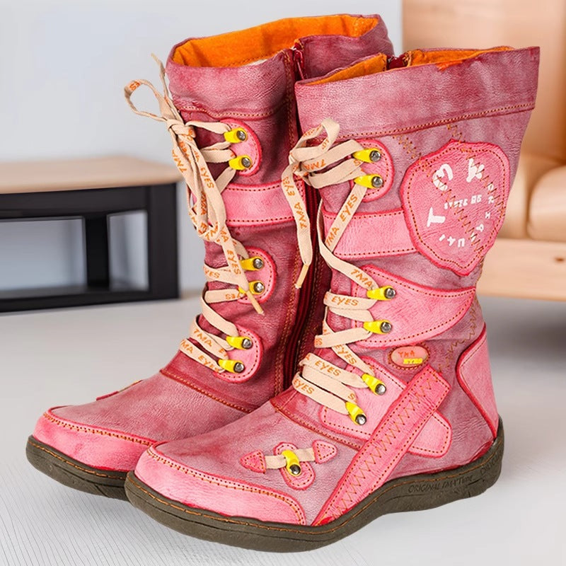 TMA EYES Patchwork Stitch-Detail PU Leather Mid-Calf Women's Boot