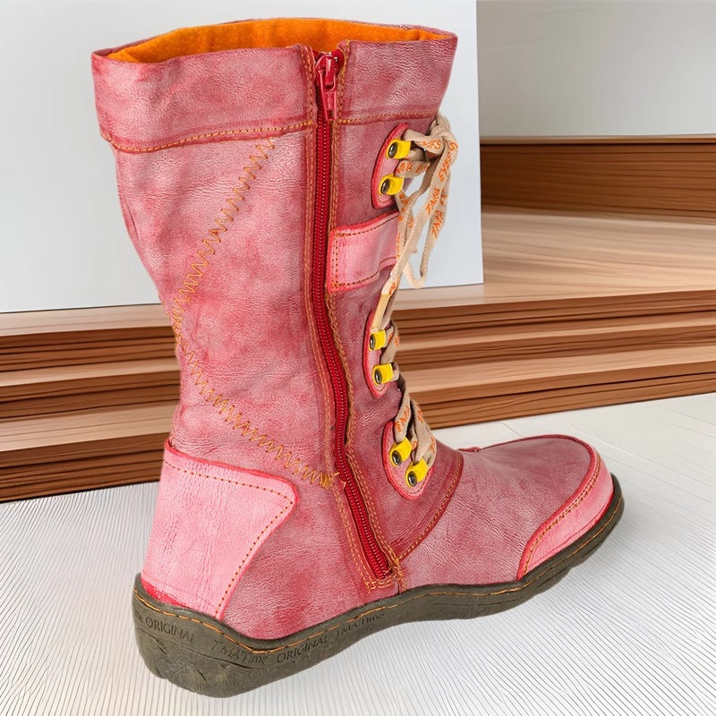 TMA EYES Patchwork Stitch-Detail PU Leather Mid-Calf Women's Boot
