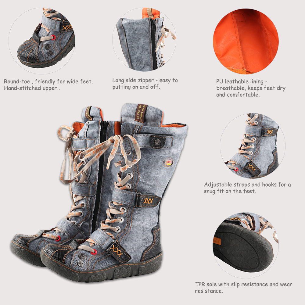 TMA EYES Hot Style Travel Modern Hand-Sewn PU Lined Hairless Inner City Women's Flat Calf Boots