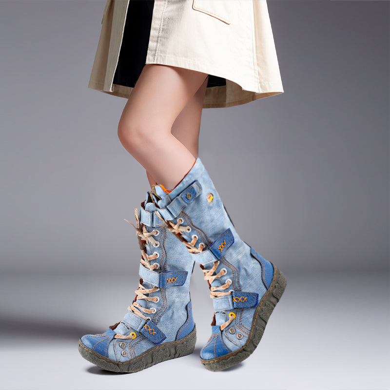 TMA EYES Hot Style Travel Modern Hand-Sewn PU Lined Hairless Inner City Women's Flat Calf Boots