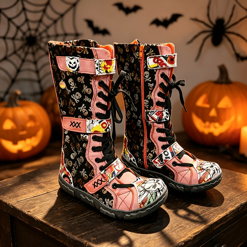 TMA EYES Halloween Limited Edition Hand-Sewn PU Lined Women's Flat Calf Boots, Skull Graffiti Print
