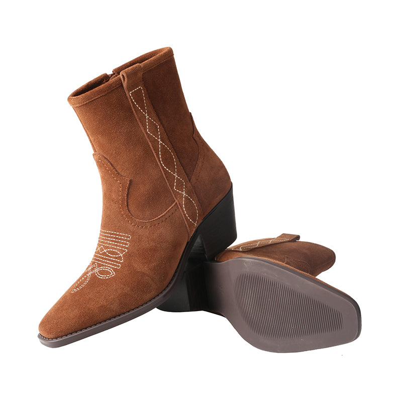 TMA EYES Women's Western Cowboy Boots Chunky Heel and Retro Embroidered Suede Mid-Calf Boots