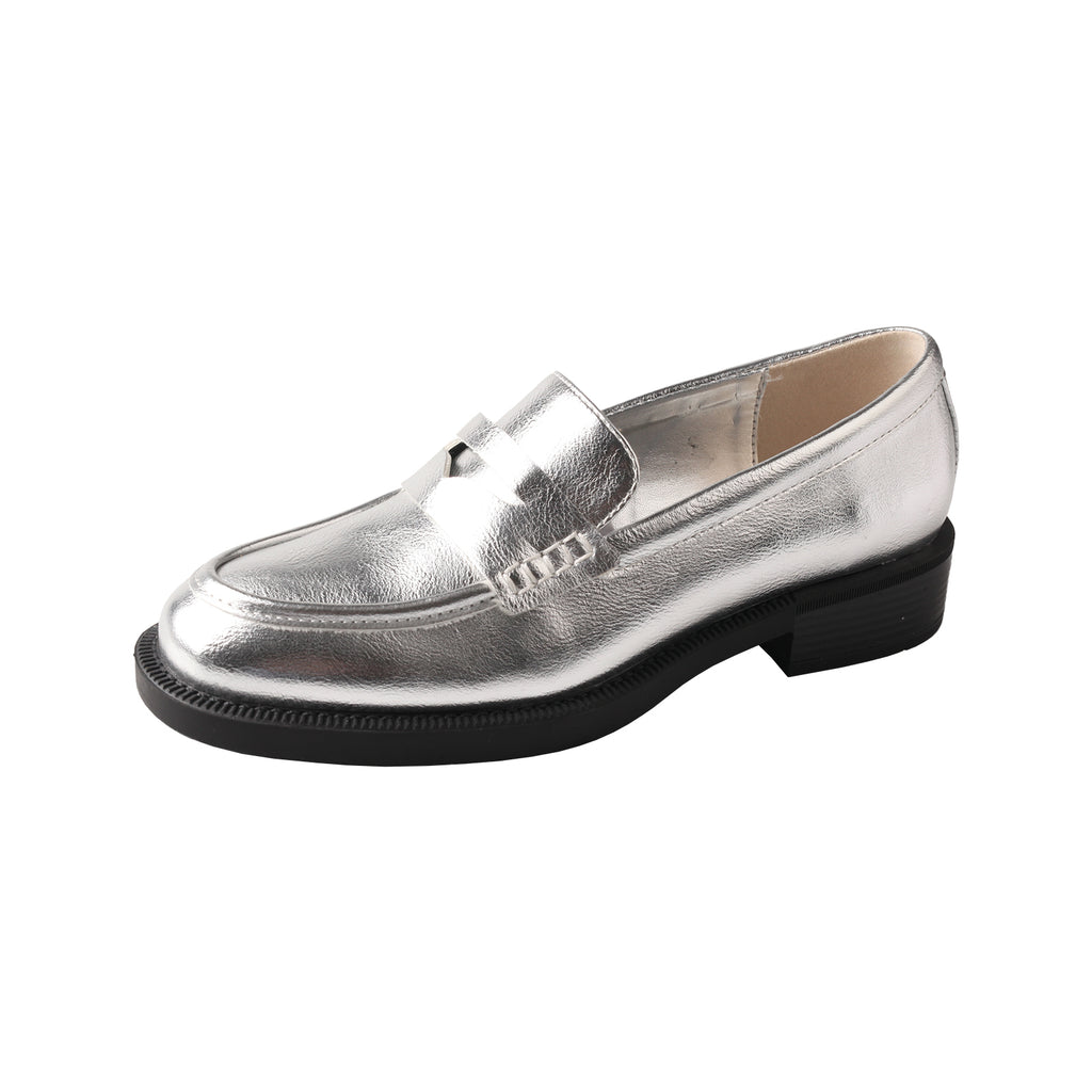 TMA EYES Women's Shiny Silver Loafers - Classic and Fashion Slip-On Low Heel Shoes Anti-Slip Versatile Leather Shoes