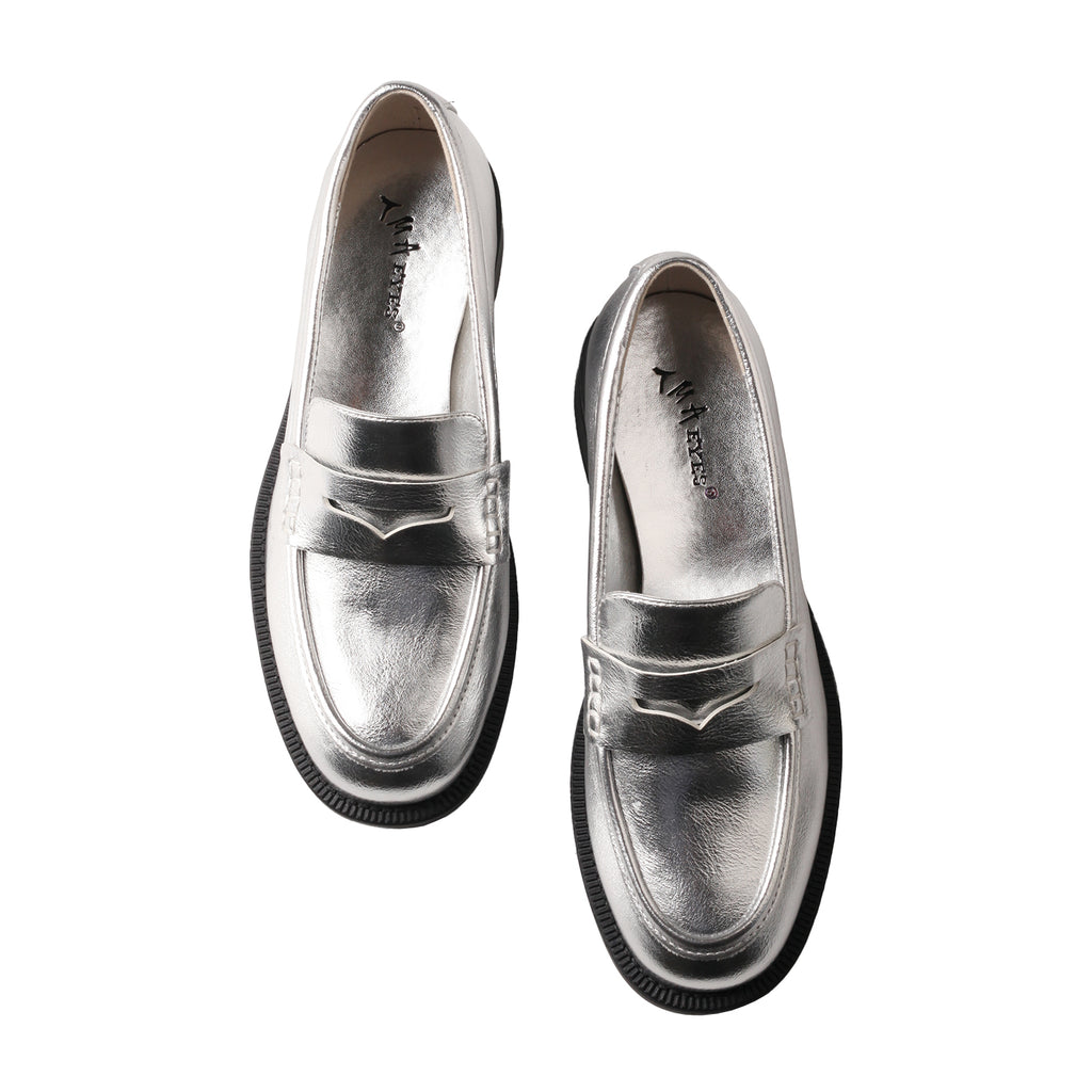 TMA EYES Women's Shiny Silver Loafers - Classic and Fashion Slip-On Low Heel Shoes Anti-Slip Versatile Leather Shoes