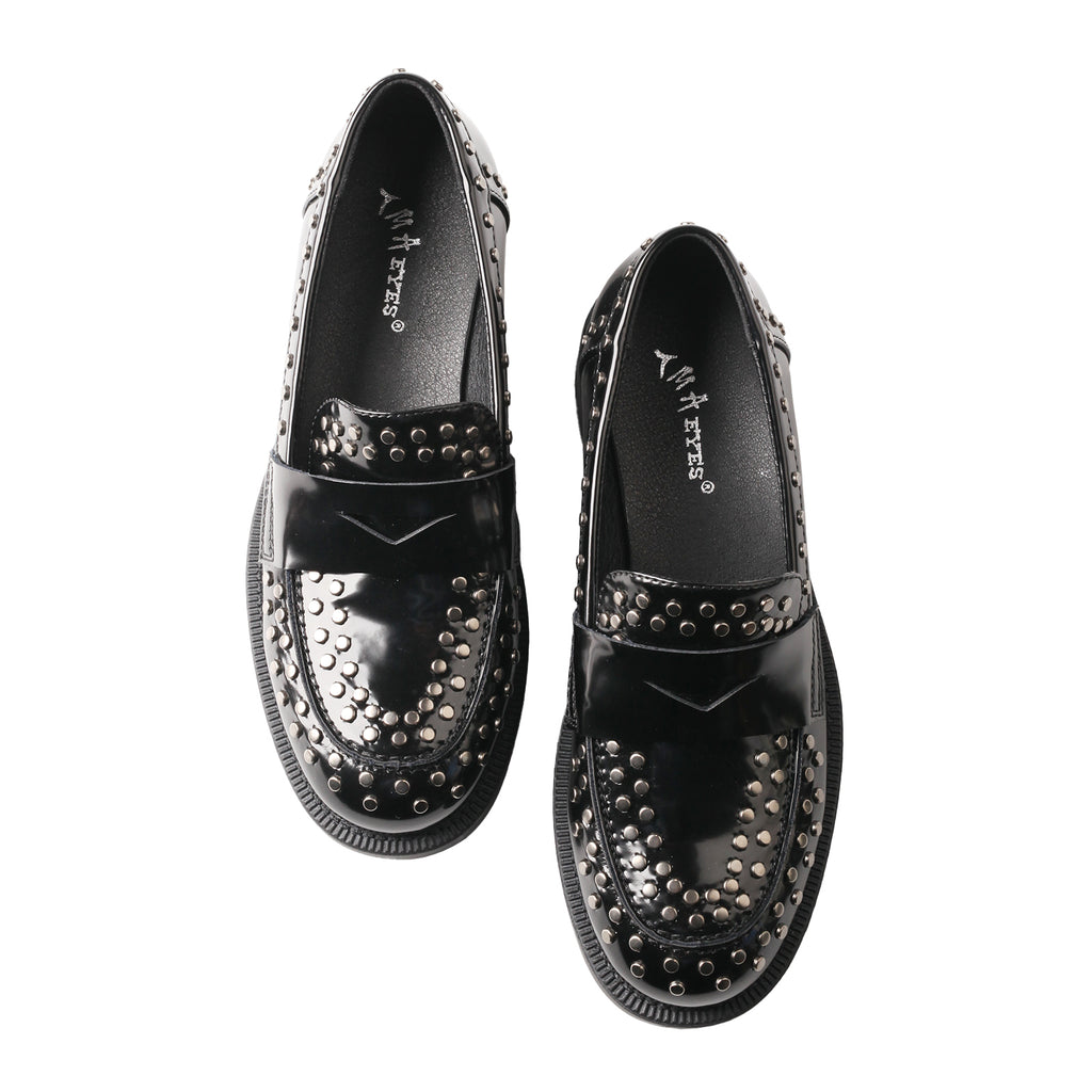 TMA EYES Women’s Classic Patent Leather Loafers – Slip-On, Studded, Low Block Heel, Anti-Slip & Breathable