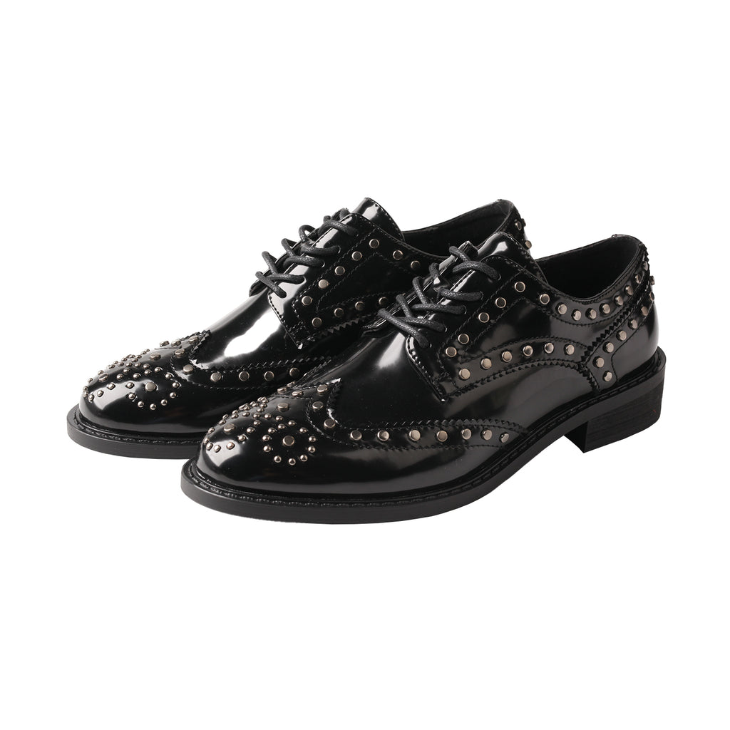 TMA EYES Women’s Pointed-Toe Lace-Up Patent Leather Loafers – Studded, Low Block Heel, Anti-Slip & Breathable