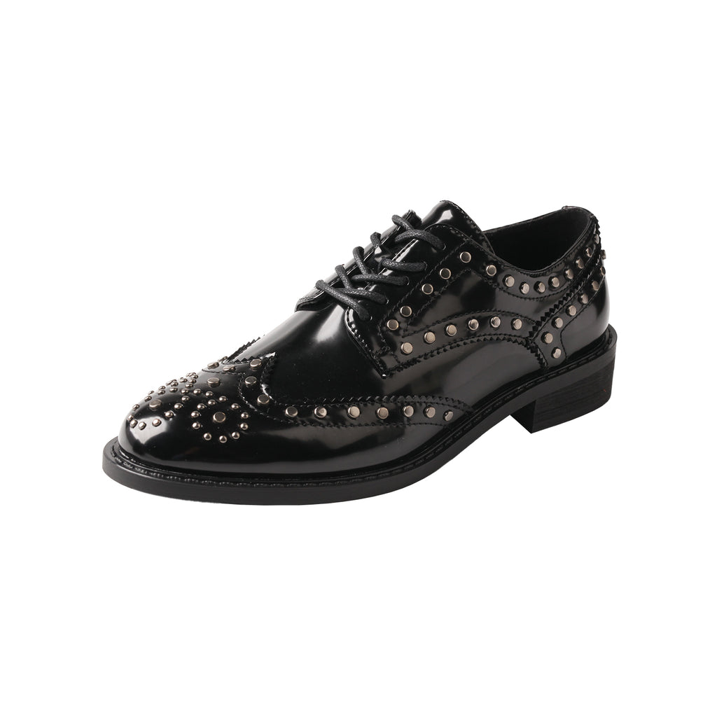 TMA EYES Women’s Pointed-Toe Lace-Up Patent Leather Loafers – Studded, Low Block Heel, Anti-Slip & Breathable
