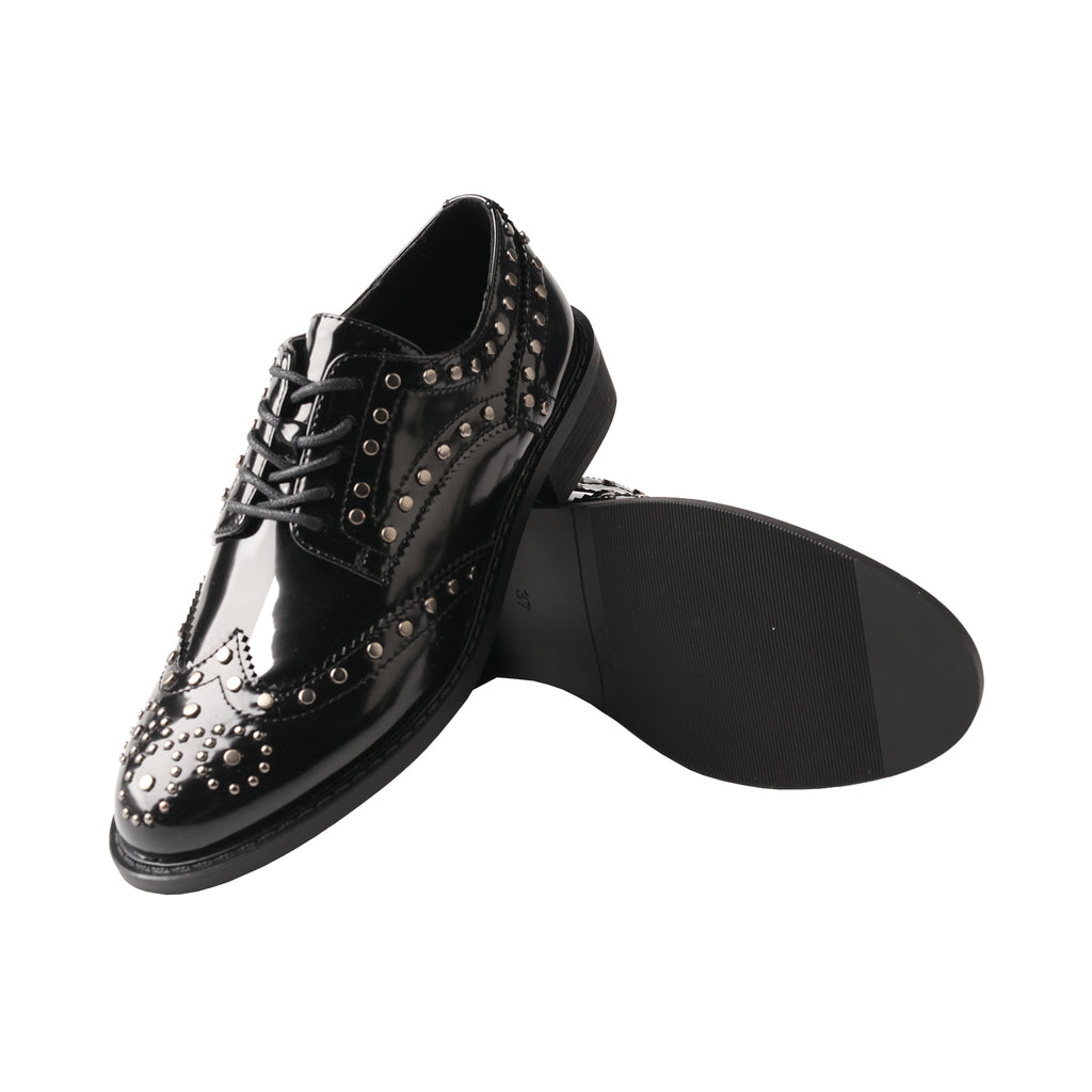 TMA EYES Women’s Pointed-Toe Lace-Up Patent Leather Loafers – Studded, Low Block Heel, Anti-Slip & Breathable