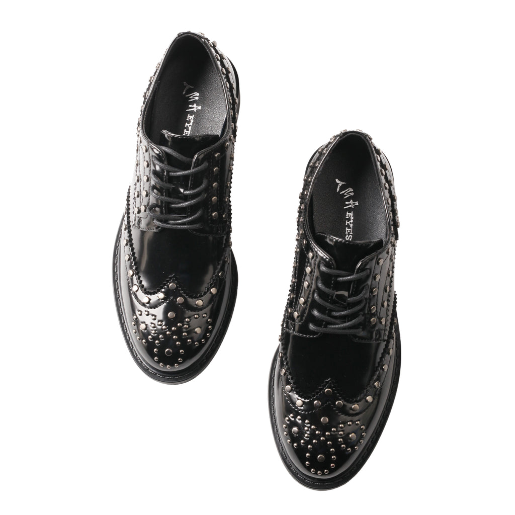TMA EYES Women’s Pointed-Toe Lace-Up Patent Leather Loafers – Studded, Low Block Heel, Anti-Slip & Breathable