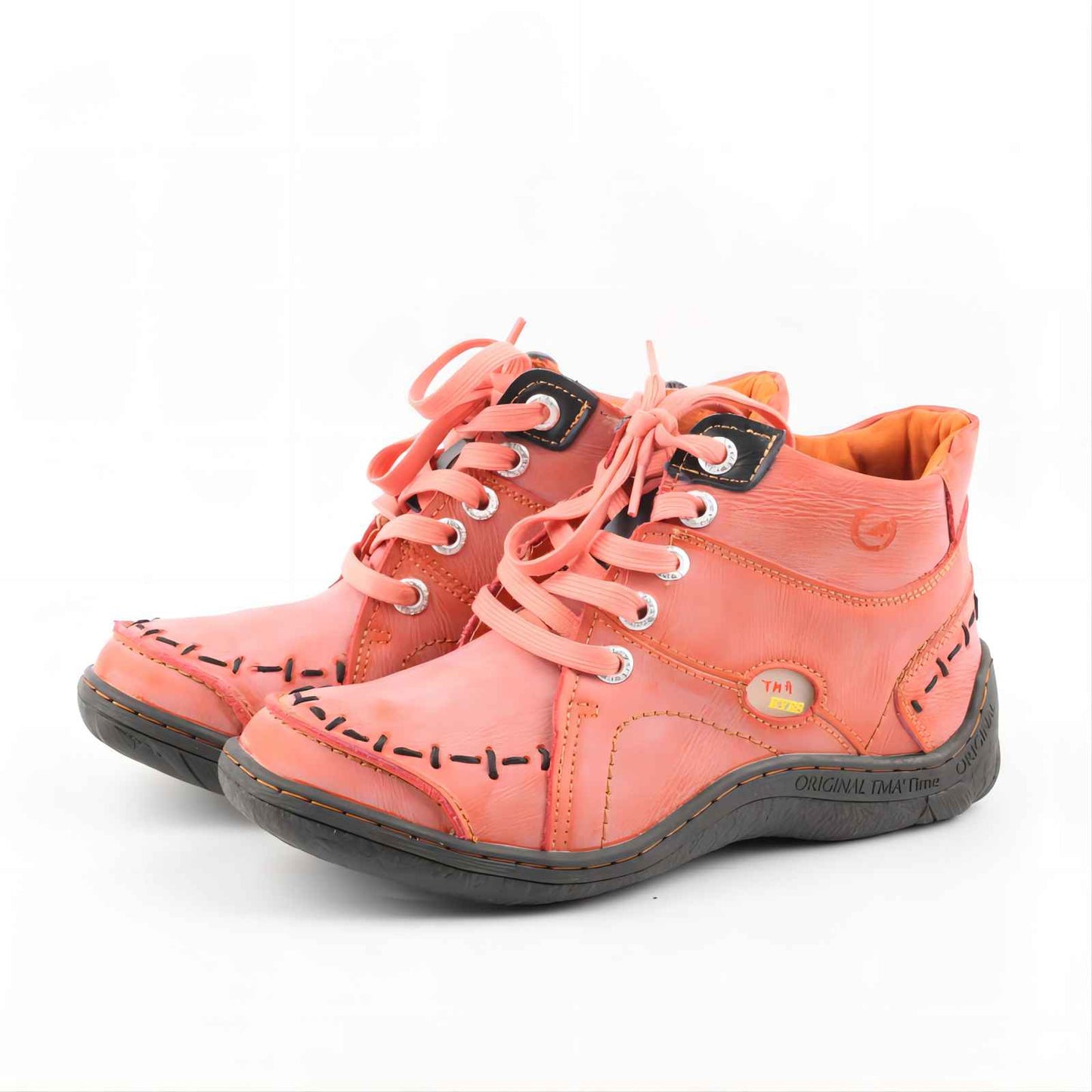 TMA EYES Women Stitching Shoes Leather Lace-up Low Heel Handwork Casual Boots