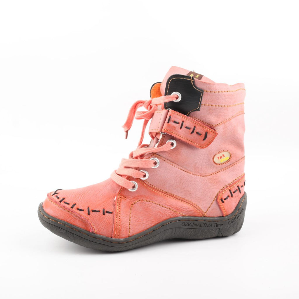 TMA EYES Women's Ankle Boots PU and Leather Patchwork with Handstitching Upper Lace-Up Mid-calf Boots