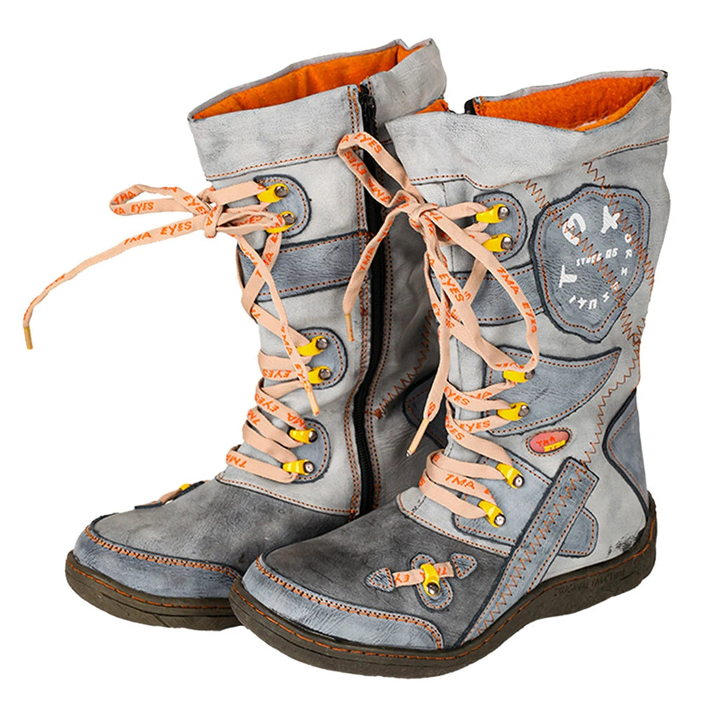 TMA EYES Patchwork Stitch-Detail PU Leather Mid-Calf Women's Boot